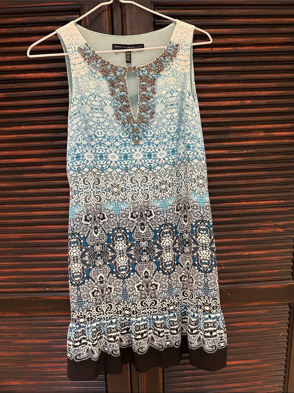 White House Black Market Blue & White Beaded Neckline Sleeveless Dress